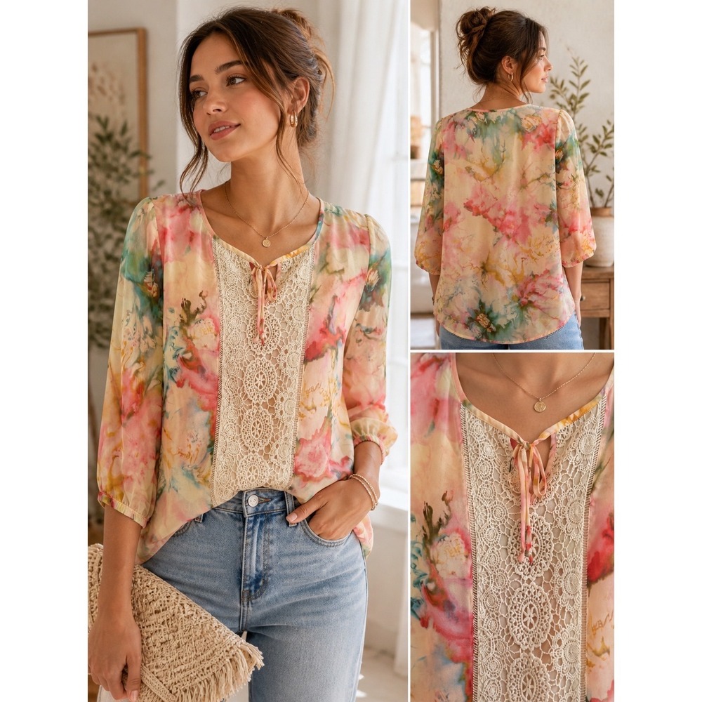 Chico's Watercolor Floral Crochet Lace Blouse 1 Medium Pink Boho Cottagecore